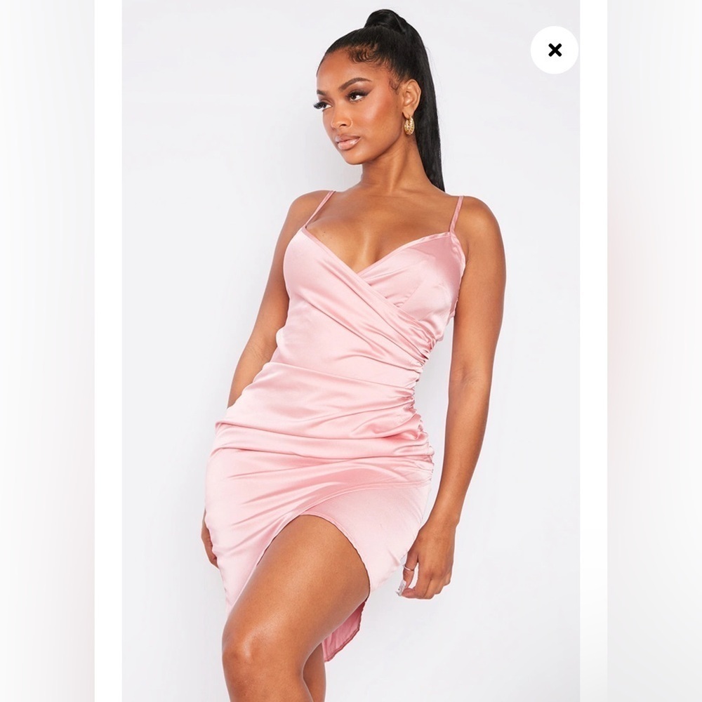 PrettyLittleThing Shape Pink Satin Wrap Dress - Picture 5 of 7